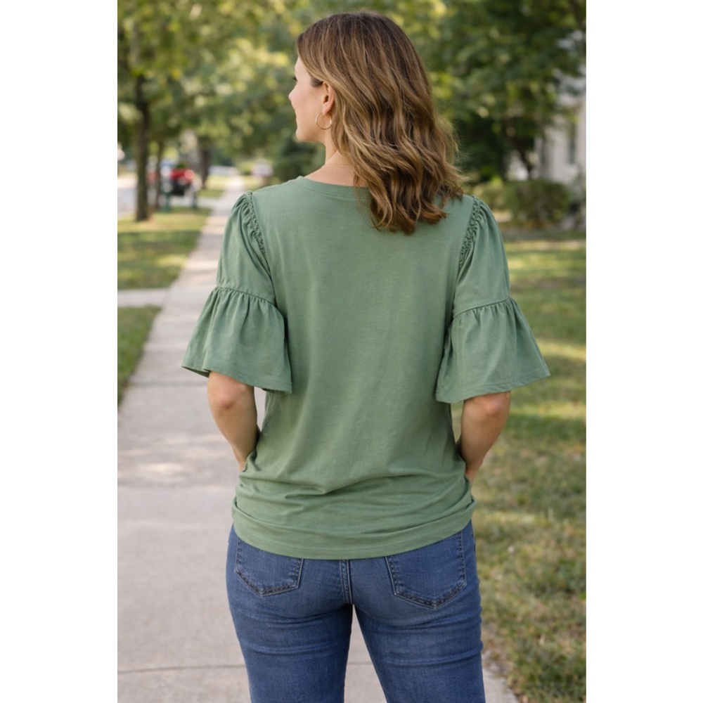 Chico's Sage Green Puff Sleeve Ruffle Top Size S (0) Casual Cottagecore Blouse - Picture 5 of 11